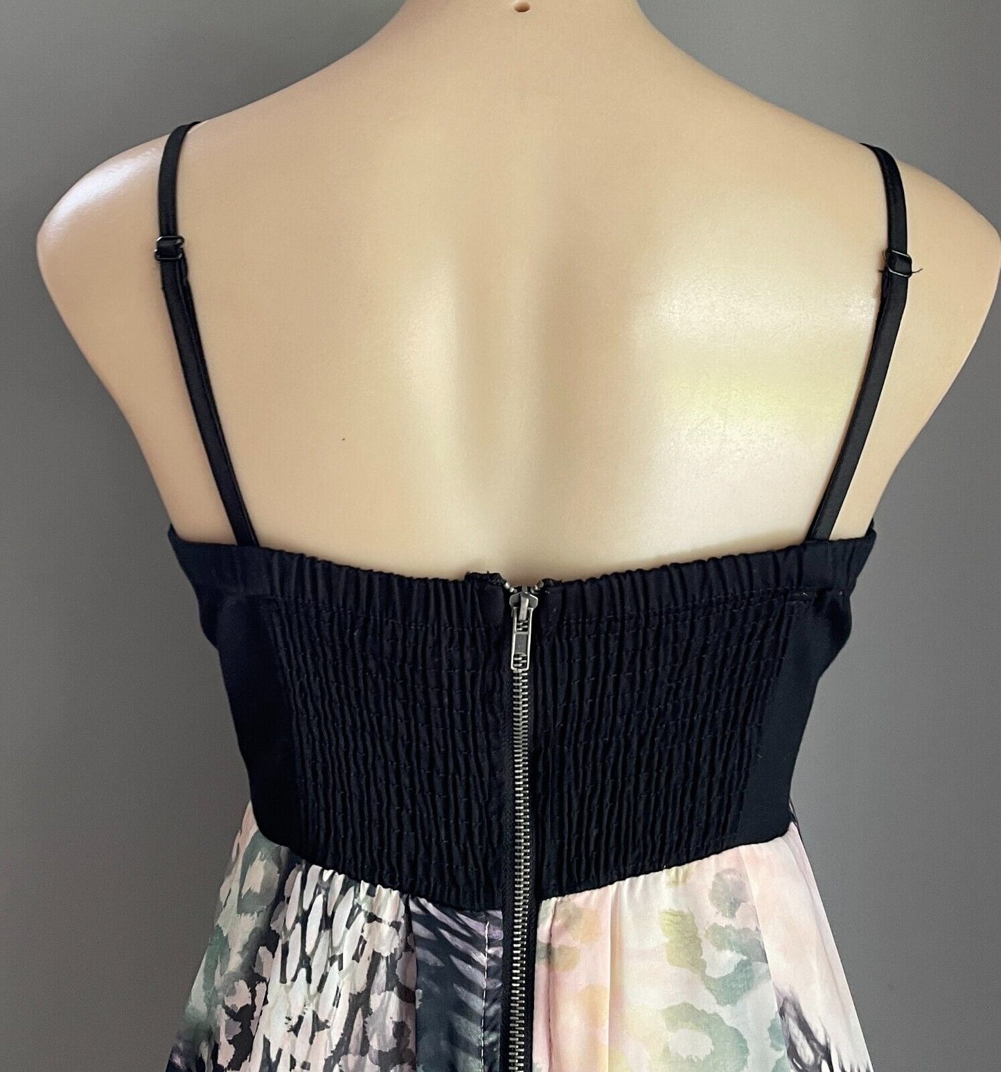 PARADISCO Bustier Sleeveless Hi-Lo Hem Dress Size 12 Black & Multicolour Print