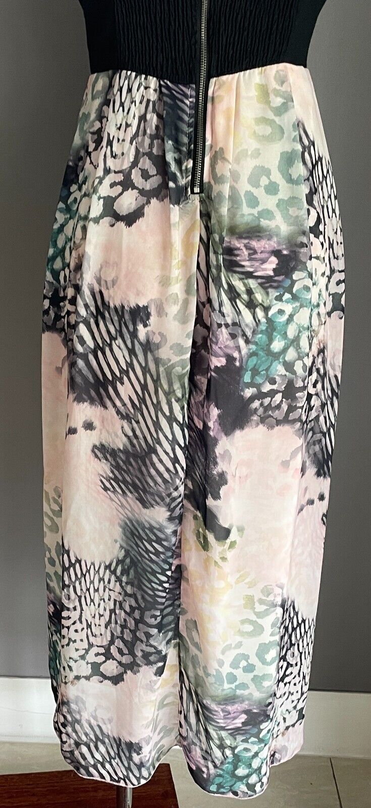 PARADISCO Bustier Sleeveless Hi-Lo Hem Dress Size 12 Black & Multicolour Print