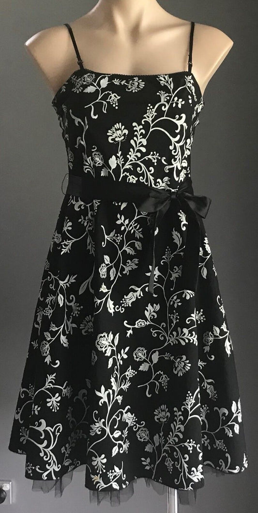 MISS CHERRY Black White Floral Print Sleeveless A-Line Dress Size 12 Retro Vibe