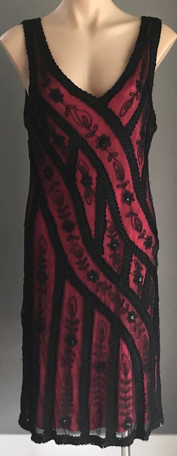 QUEENSPARK WOMAN Sheath Dress Embroidered Black Mesh Red Stretch Jersey Size 12