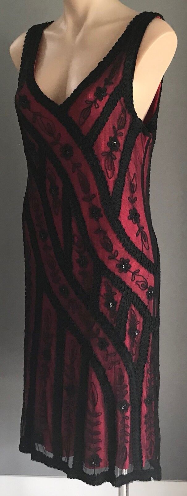 QUEENSPARK WOMAN Sheath Dress Embroidered Black Mesh Red Stretch Jersey Size 12