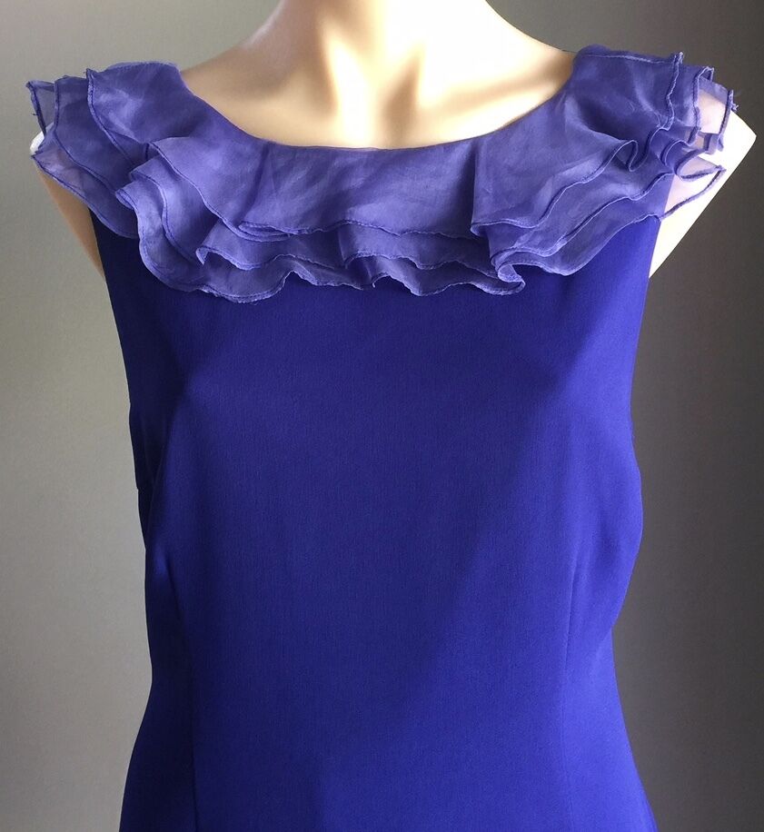AMORETTE Dress Royal Blue Sleeveless Sheath Frill Detail Frock Size 12 Gorgeous
