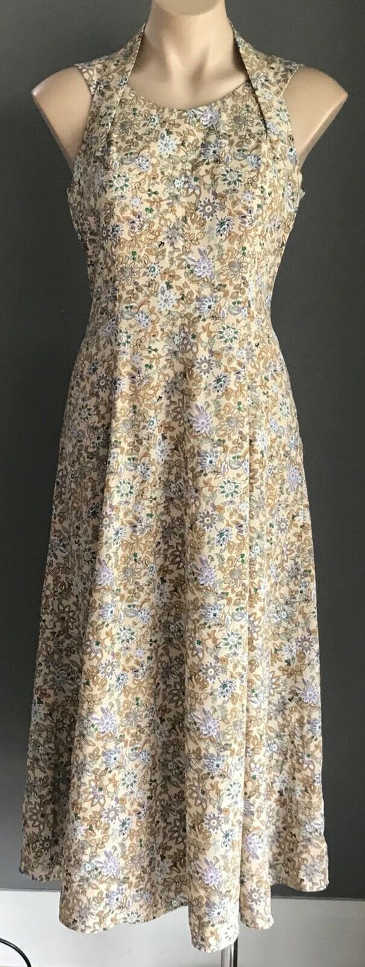 Mock Halter Neck Dress Hand Made Beige Floral Print Sleeveless Size 12 Vintage