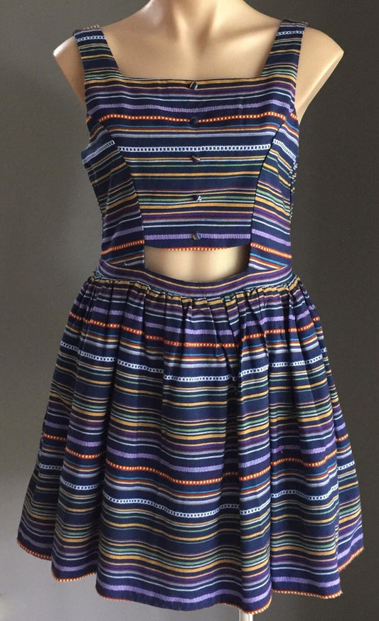 MISS CHERRY Dress Multi Colour Stripe Sleeveless Skater Ladies Size 12 Retro