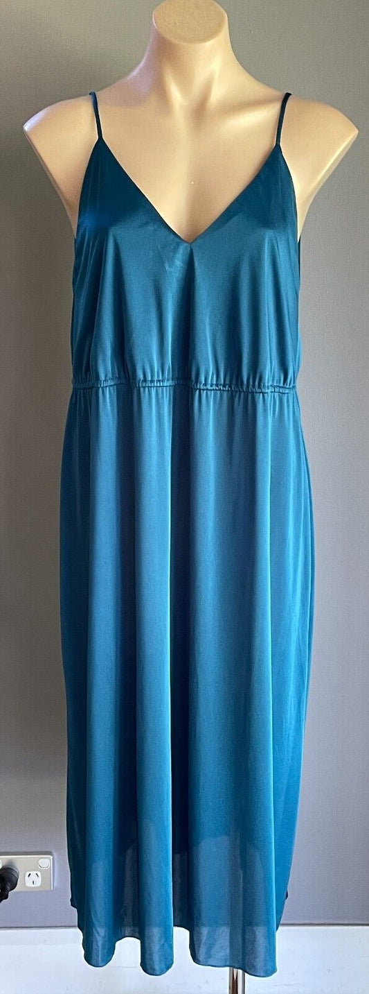 NICOLE CREATIONS Teal Sleeveless Elastic Waist Midi V-Neck Dress Size 12 Vintage
