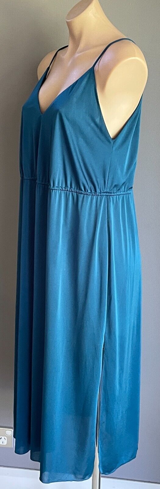 NICOLE CREATIONS Teal Sleeveless Elastic Waist Midi V-Neck Dress Size 12 Vintage
