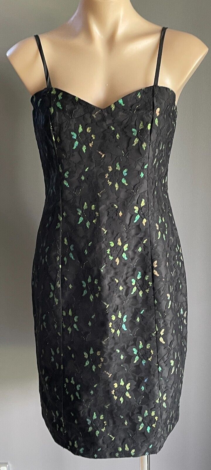 SCANDALS Black Lace Glitter Highlight Sleeveless Sheath Dress Size 12 Vintage