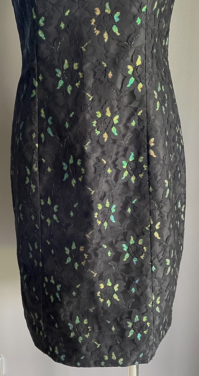 SCANDALS Black Lace Glitter Highlight Sleeveless Sheath Dress Size 12 Vintage