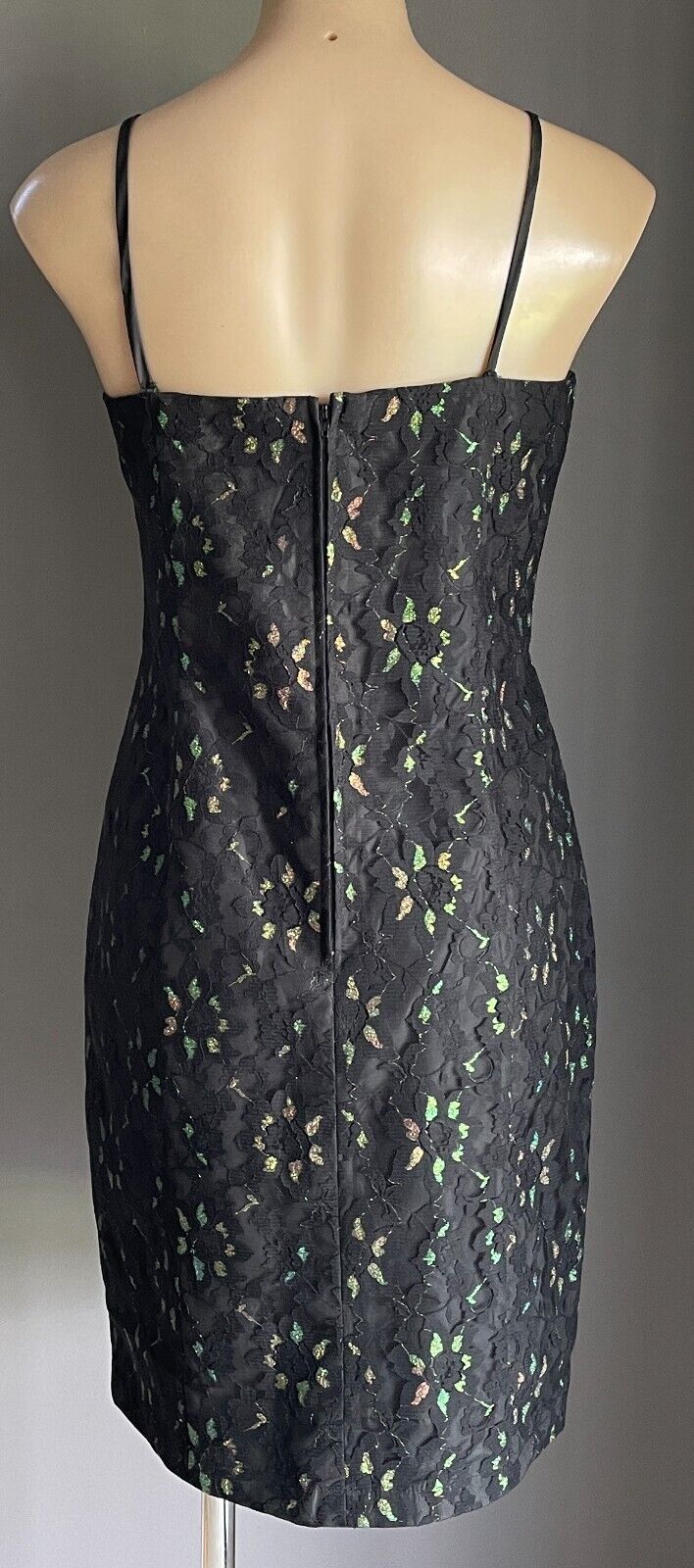SCANDALS Black Lace Glitter Highlight Sleeveless Sheath Dress Size 12 Vintage