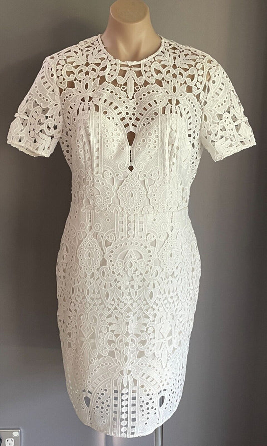 LOVER Dress Sheath White Cut Out Lace Size 12 Short Sleeve Knee Length Lined NEW