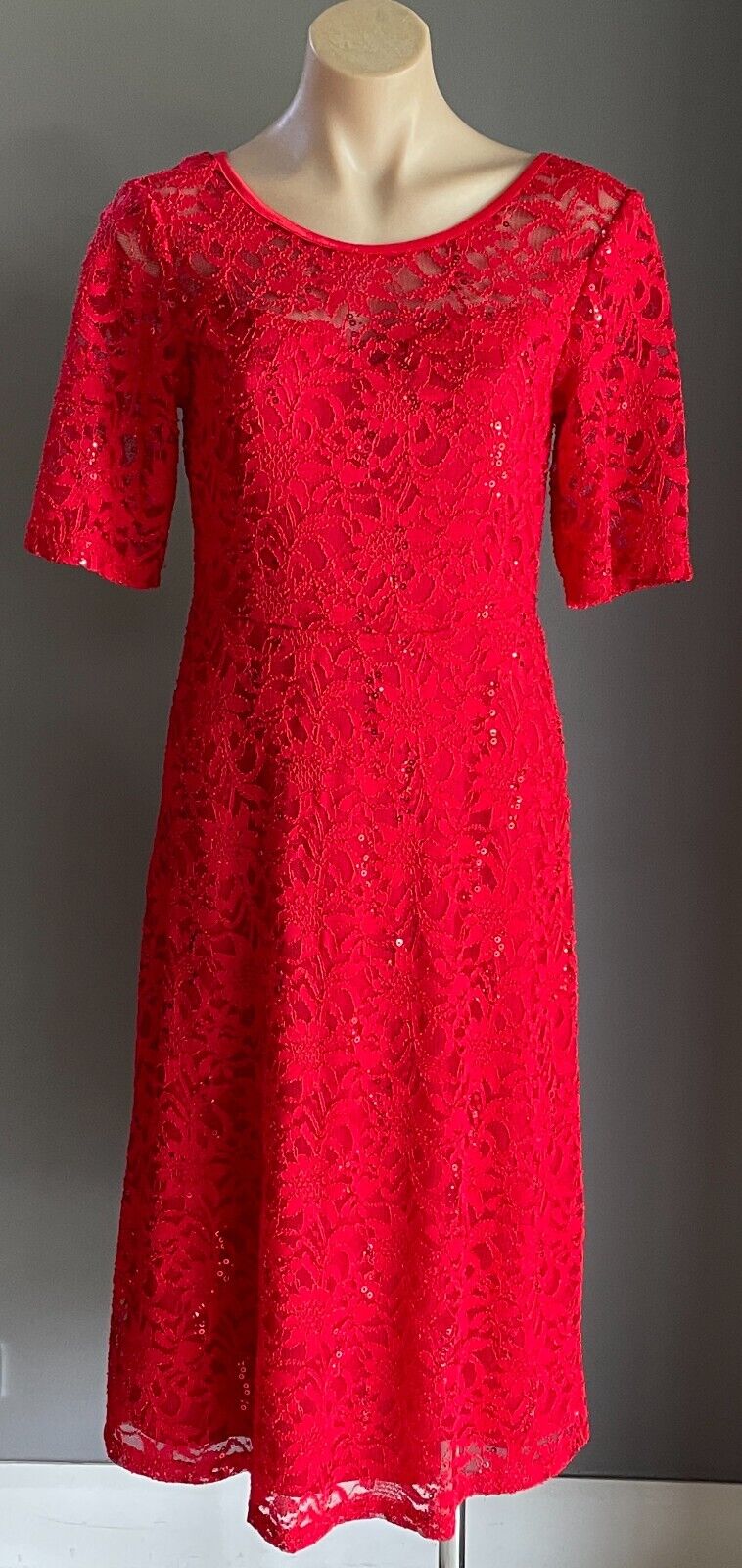 CAROLINE MORGAN Dress Fit & Flare Red Lace Sequin s Short Sleeve Stretch Size 12