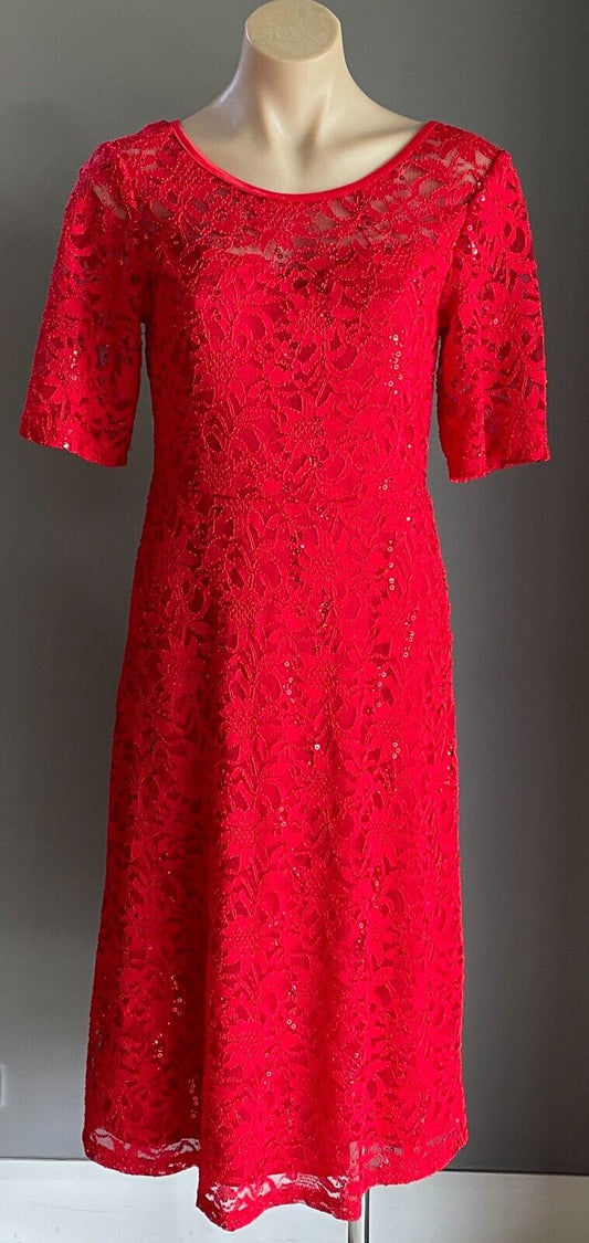CAROLINE MORGAN Dress Fit & Flare Red Lace Sequin s Short Sleeve Stretch Size 12