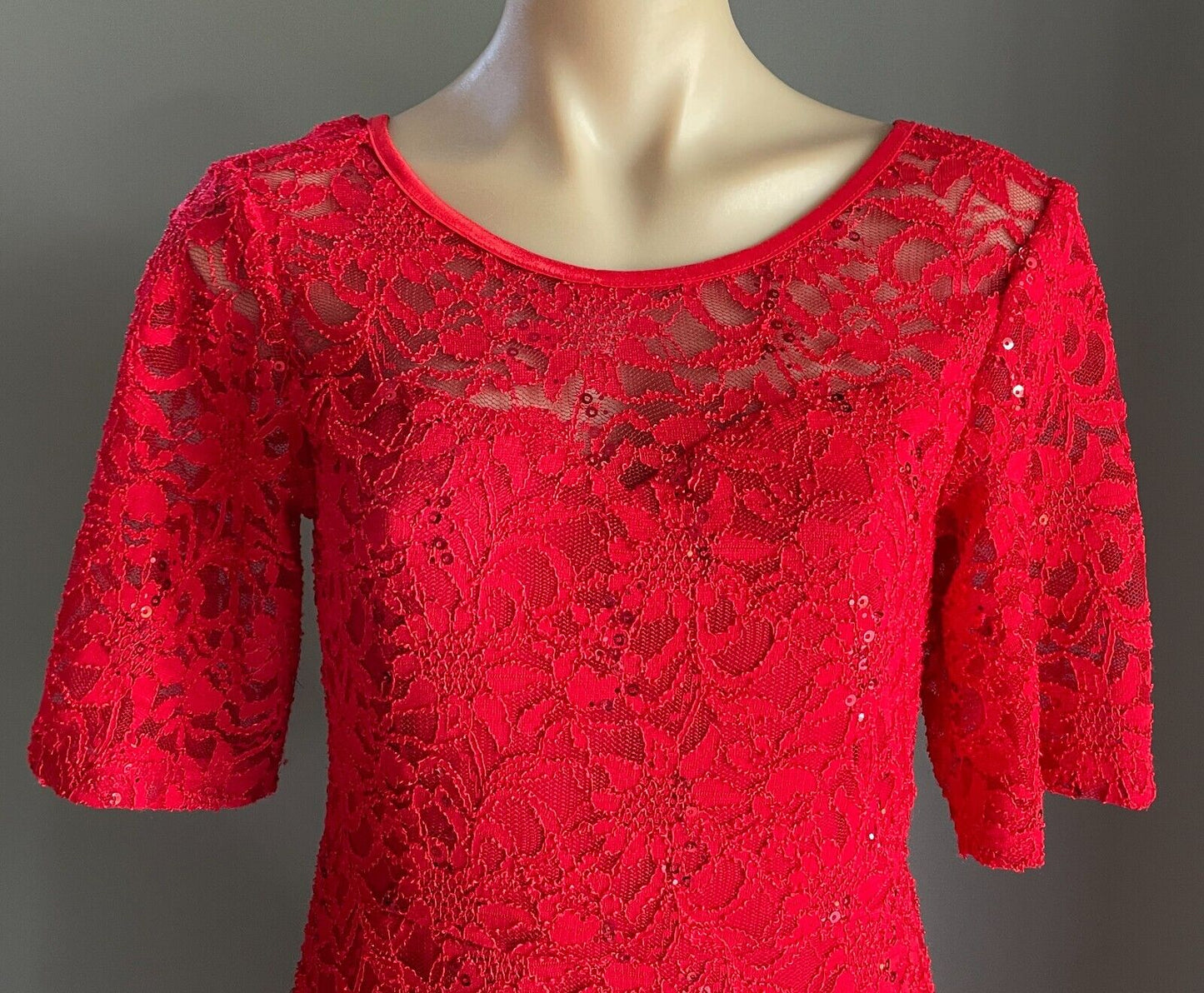 CAROLINE MORGAN Dress Fit & Flare Red Lace Sequin s Short Sleeve Stretch Size 12