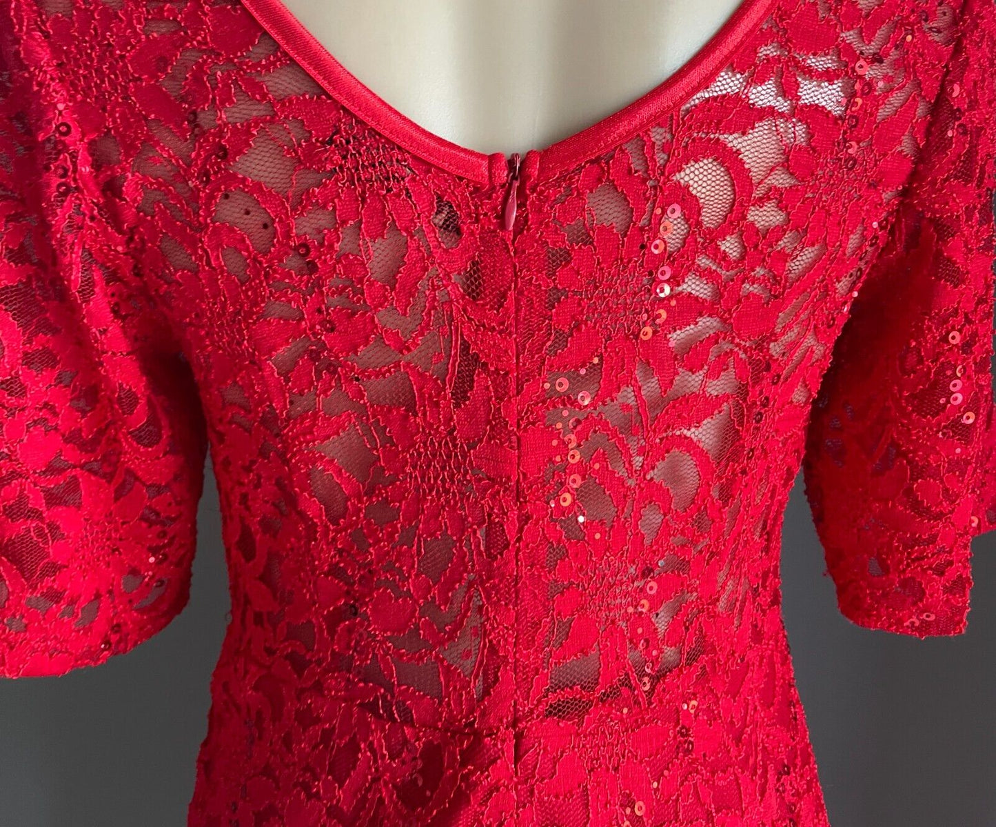 CAROLINE MORGAN Dress Fit & Flare Red Lace Sequin s Short Sleeve Stretch Size 12