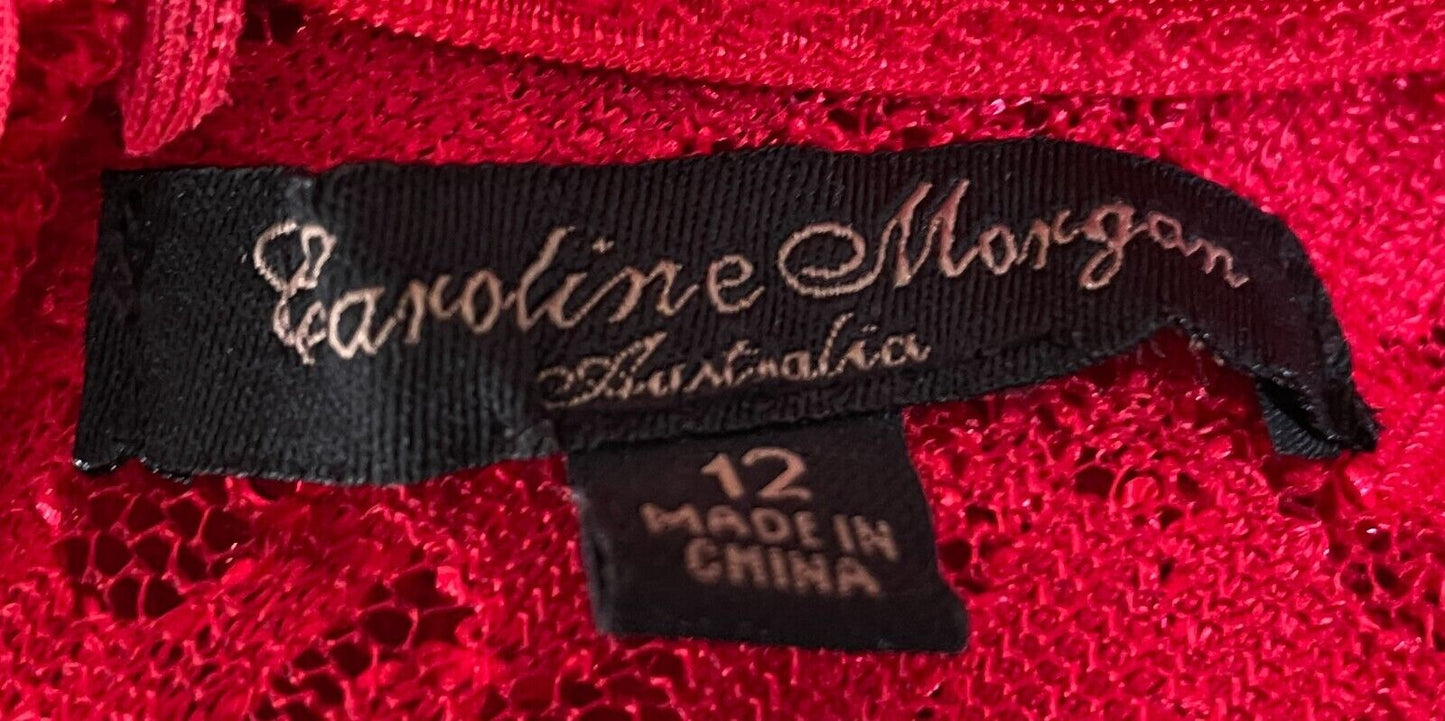 CAROLINE MORGAN Dress Fit & Flare Red Lace Sequin s Short Sleeve Stretch Size 12