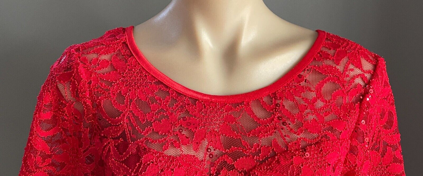 CAROLINE MORGAN Dress Fit & Flare Red Lace Sequin s Short Sleeve Stretch Size 12
