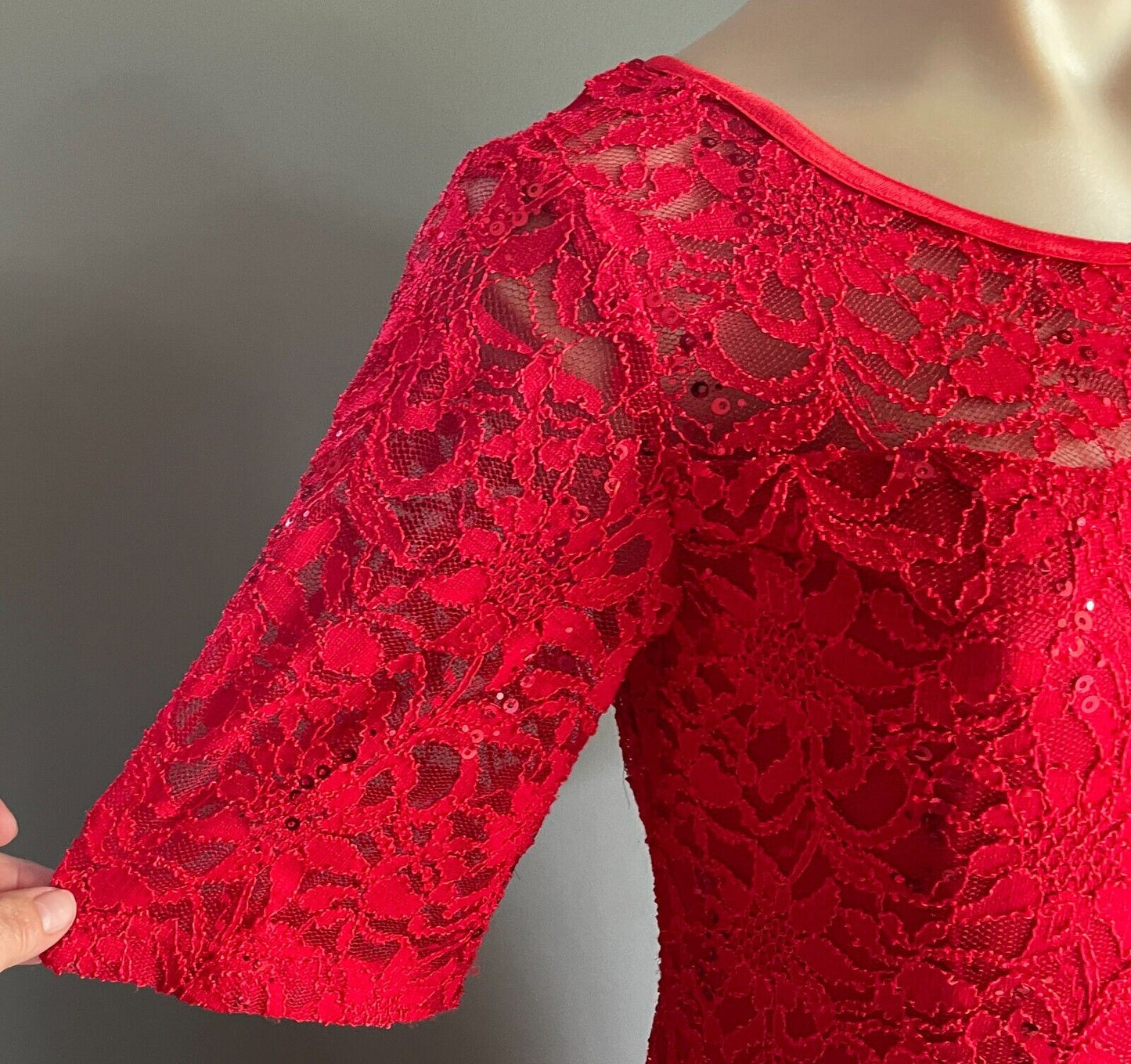 CAROLINE MORGAN Dress Fit & Flare Red Lace Sequin s Short Sleeve Stretch Size 12