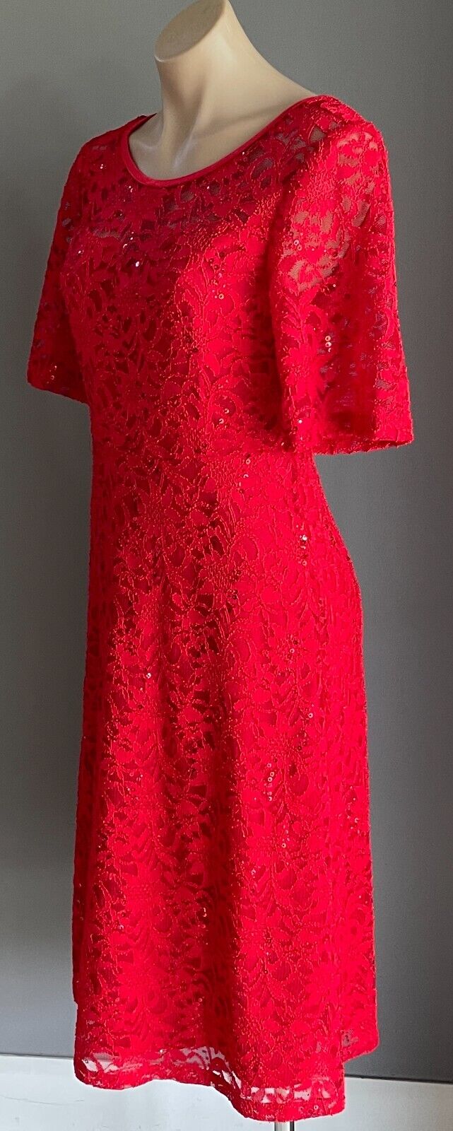 CAROLINE MORGAN Dress Fit & Flare Red Lace Sequin s Short Sleeve Stretch Size 12