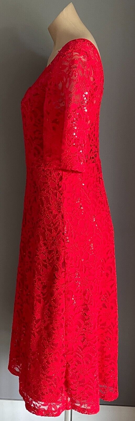 CAROLINE MORGAN Dress Fit & Flare Red Lace Sequin s Short Sleeve Stretch Size 12
