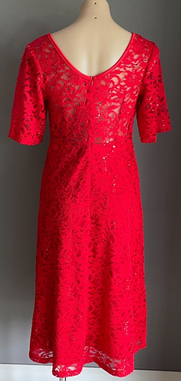 CAROLINE MORGAN Dress Fit & Flare Red Lace Sequin s Short Sleeve Stretch Size 12