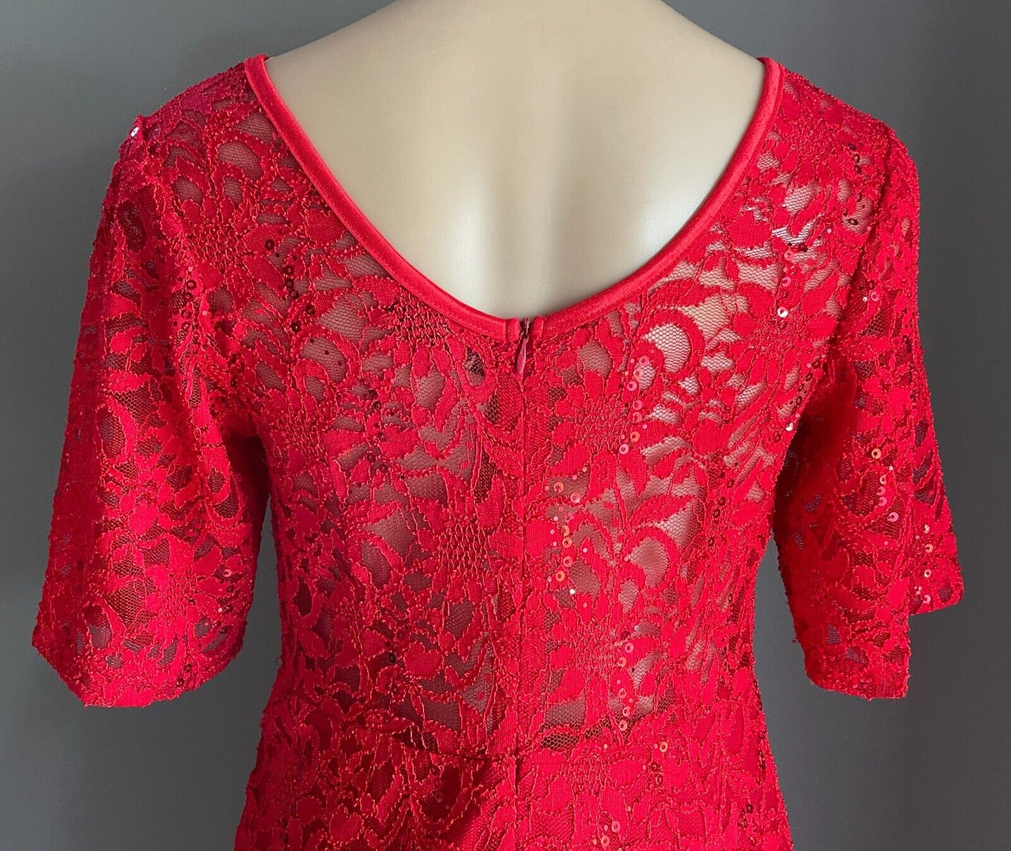 CAROLINE MORGAN Dress Fit & Flare Red Lace Sequin s Short Sleeve Stretch Size 12