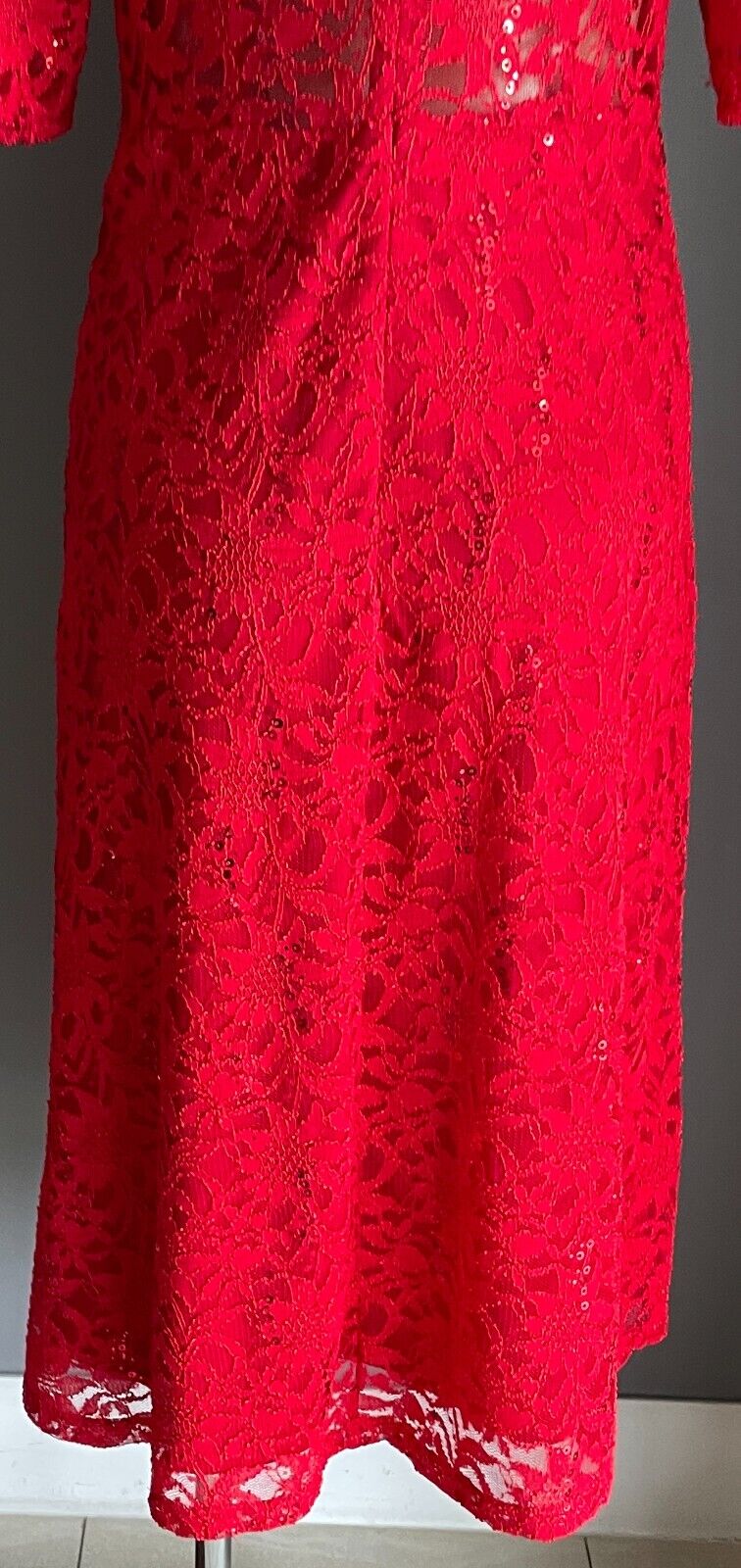 CAROLINE MORGAN Dress Fit & Flare Red Lace Sequin s Short Sleeve Stretch Size 12
