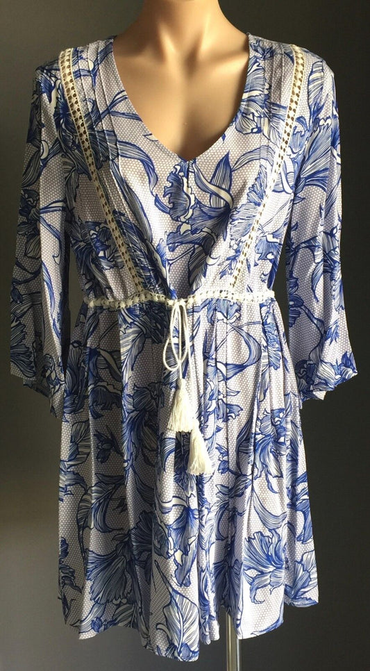 INTO Dress Beach Blue & White Floral Print Drawstring Waist Ladies Size 10 Party