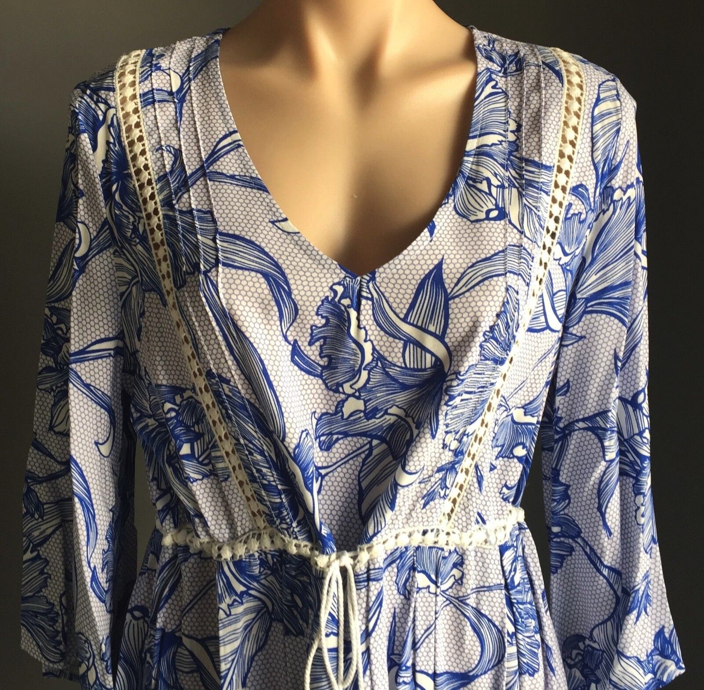 INTO Dress Beach Blue & White Floral Print Drawstring Waist Ladies Size 10 Party