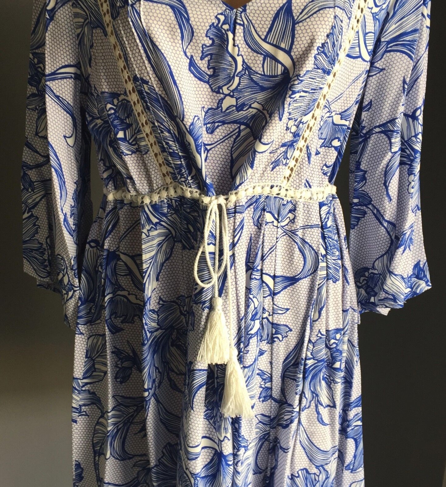 INTO Dress Beach Blue & White Floral Print Drawstring Waist Ladies Size 10 Party