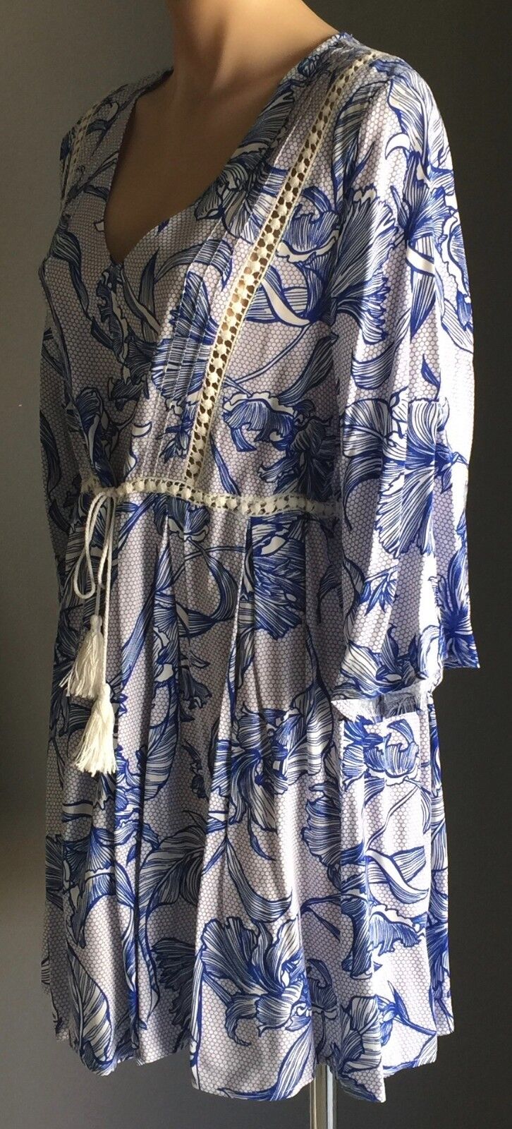 INTO Dress Beach Blue & White Floral Print Drawstring Waist Ladies Size 10 Party
