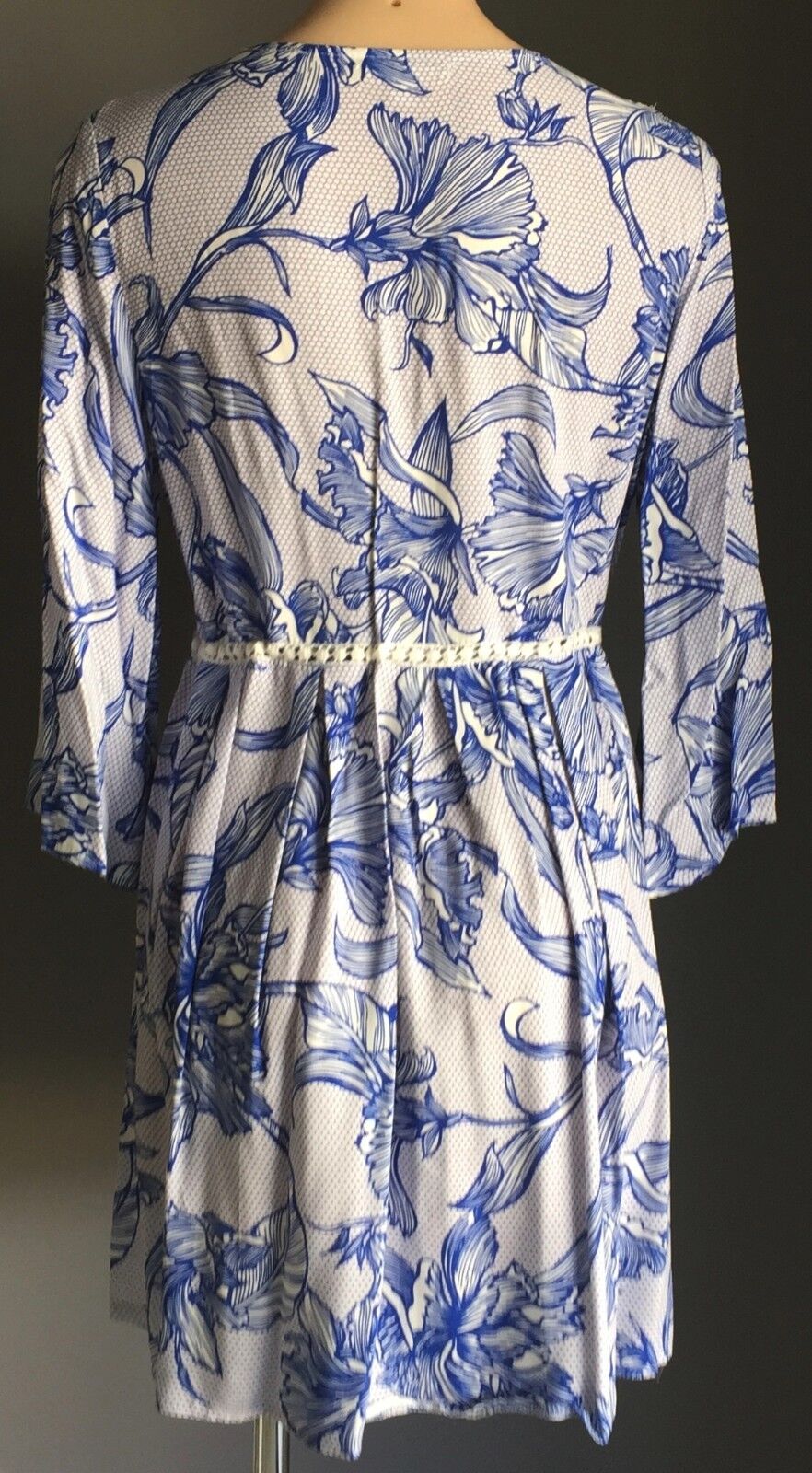 INTO Dress Beach Blue & White Floral Print Drawstring Waist Ladies Size 10 Party