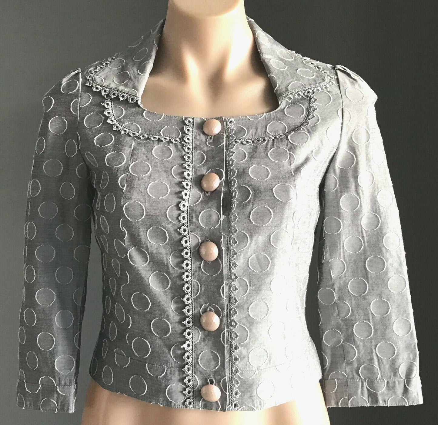 ELINA CREATEUR Taupe Circle Print Fabric Crop Jacket Size 7 AU 10 Vintage