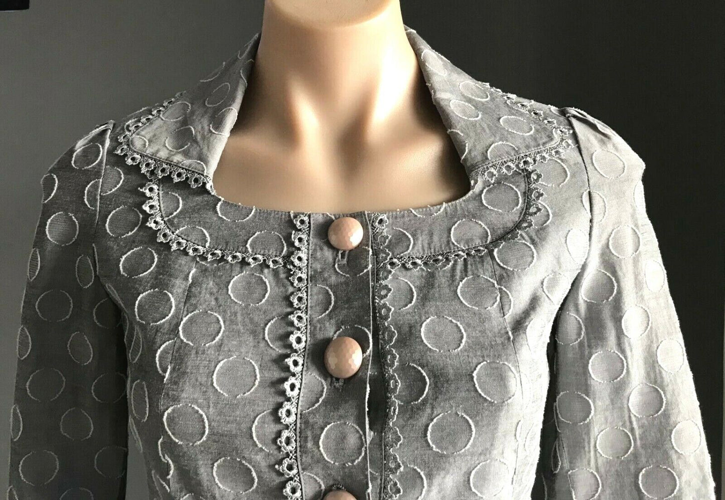 ELINA CREATEUR Taupe Circle Print Fabric Crop Jacket Size 7 AU 10 Vintage