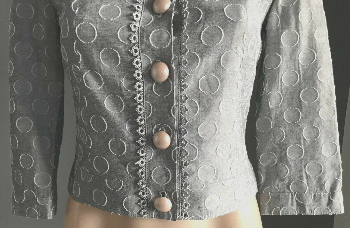 ELINA CREATEUR Taupe Circle Print Fabric Crop Jacket Size 7 AU 10 Vintage