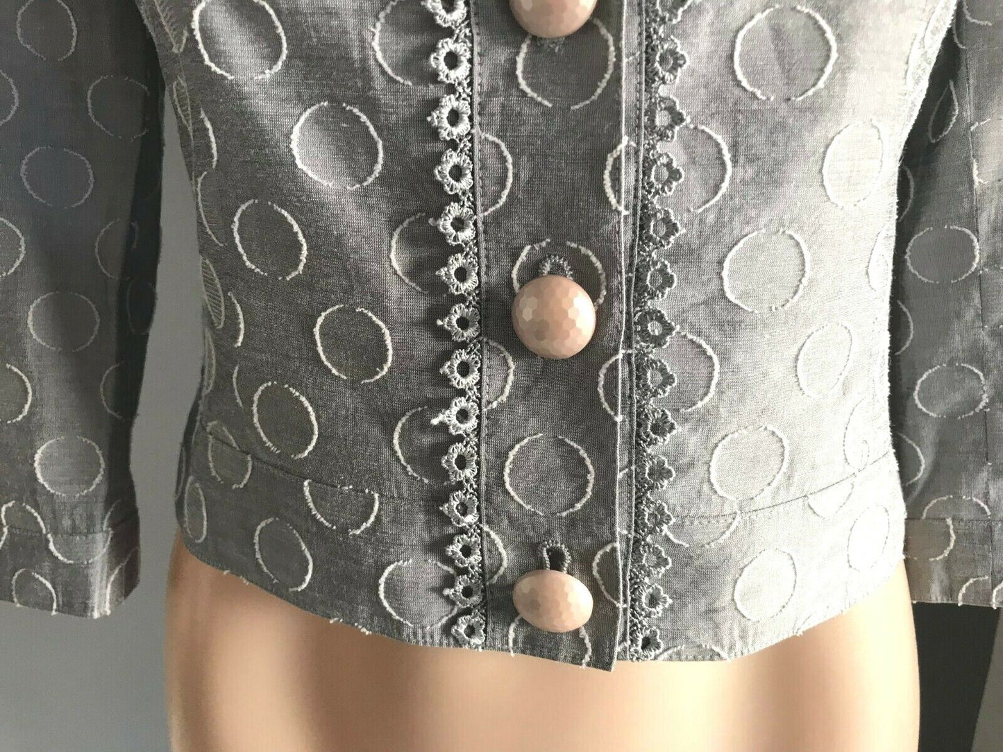 ELINA CREATEUR Taupe Circle Print Fabric Crop Jacket Size 7 AU 10 Vintage