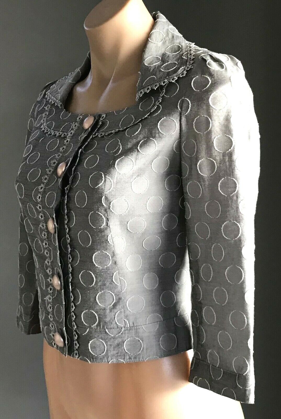 ELINA CREATEUR Taupe Circle Print Fabric Crop Jacket Size 7 AU 10 Vintage