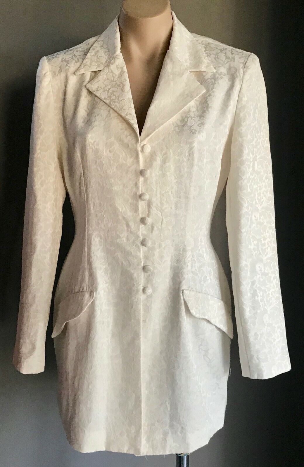 DOLLDOLLY Jacket Cream Jacquard Floral Print Single Breast Long Sz 8 10 Vintage