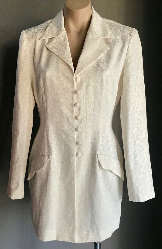 DOLLDOLLY Jacket Cream Jacquard Floral Print Single Breast Long Sz 8 10 Vintage