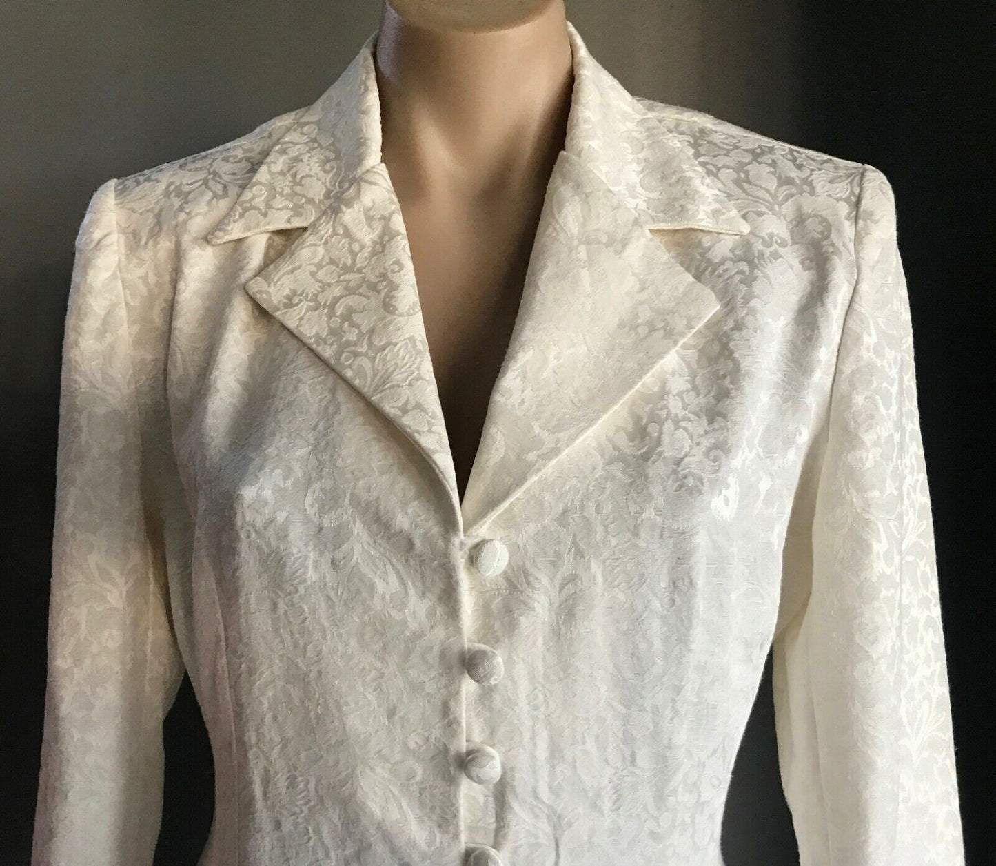 DOLLDOLLY Jacket Cream Jacquard Floral Print Single Breast Long Sz 8 10 Vintage
