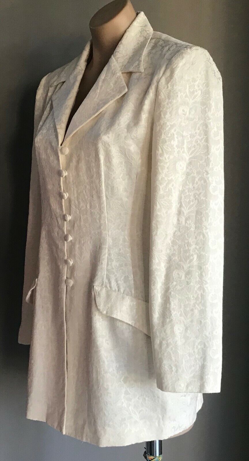 DOLLDOLLY Jacket Cream Jacquard Floral Print Single Breast Long Sz 8 10 Vintage