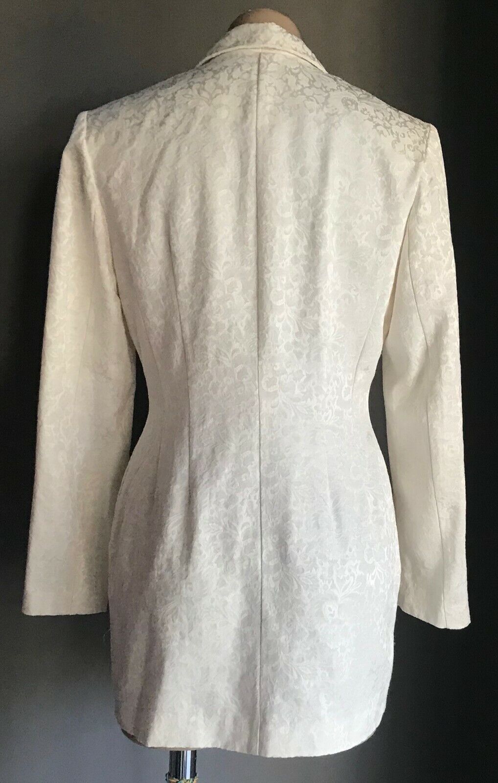 DOLLDOLLY Jacket Cream Jacquard Floral Print Single Breast Long Sz 8 10 Vintage