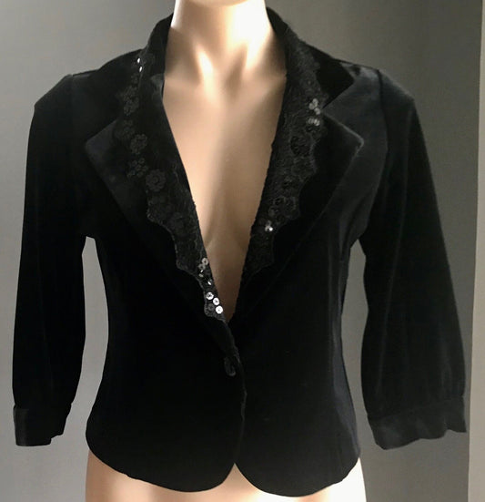 WANKO Jacket Black Velvet Sequin Lace Collar Trim 3/4 Sleeve Size 8 10