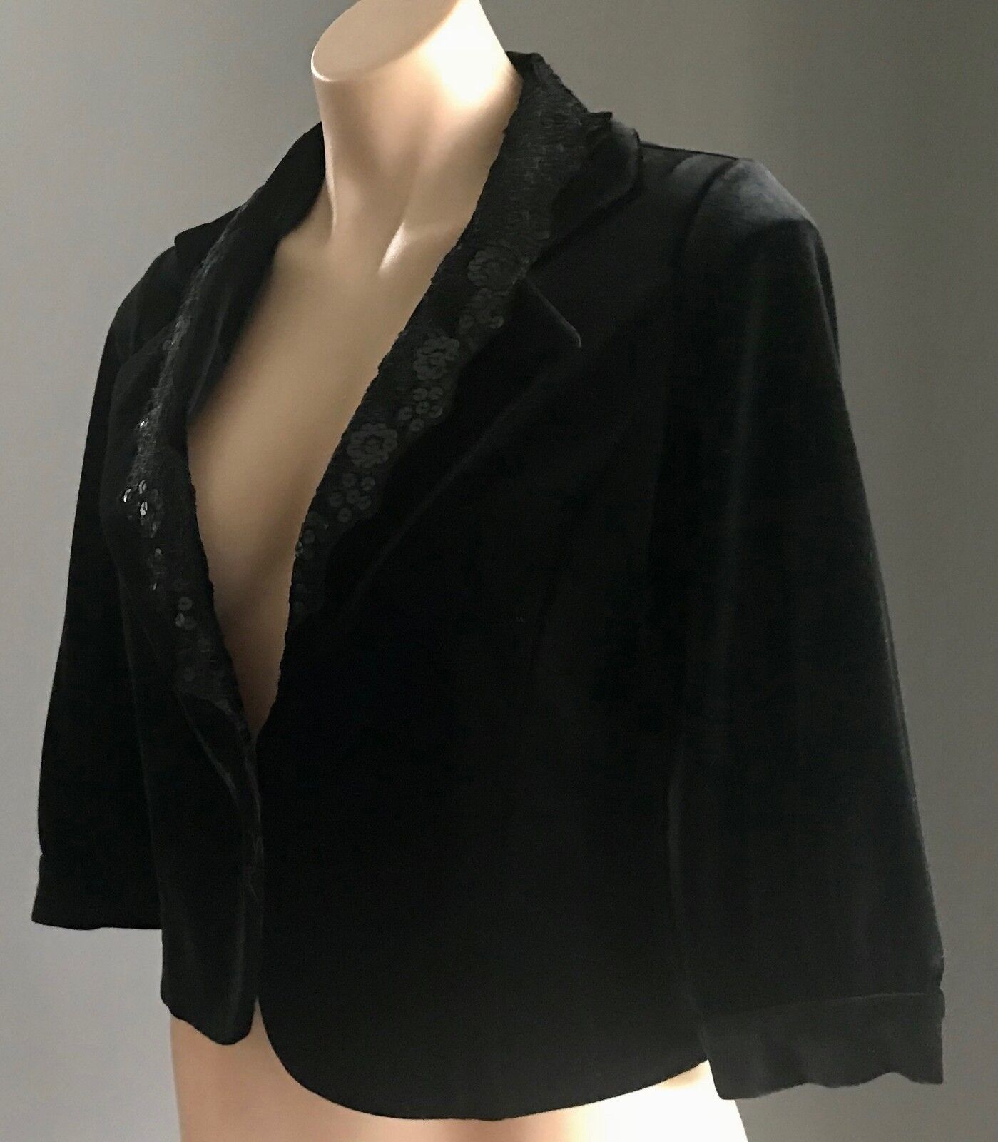 WANKO Jacket Black Velvet Sequin Lace Collar Trim 3/4 Sleeve Size 8 10