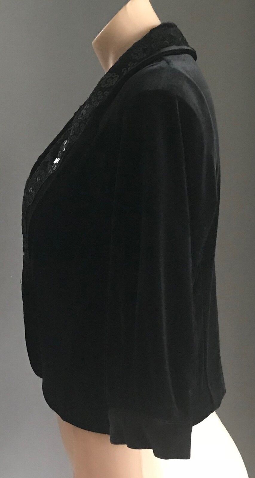 WANKO Jacket Black Velvet Sequin Lace Collar Trim 3/4 Sleeve Size 8 10