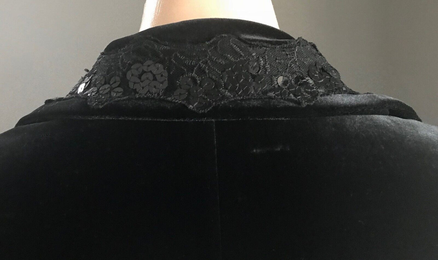 WANKO Jacket Black Velvet Sequin Lace Collar Trim 3/4 Sleeve Size 8 10