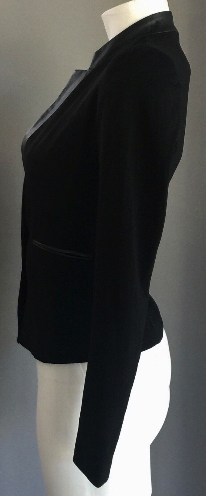 PLUME Jacket Black Notched Lapel Pleather Trim Fitted Short Ladies Size 6 8