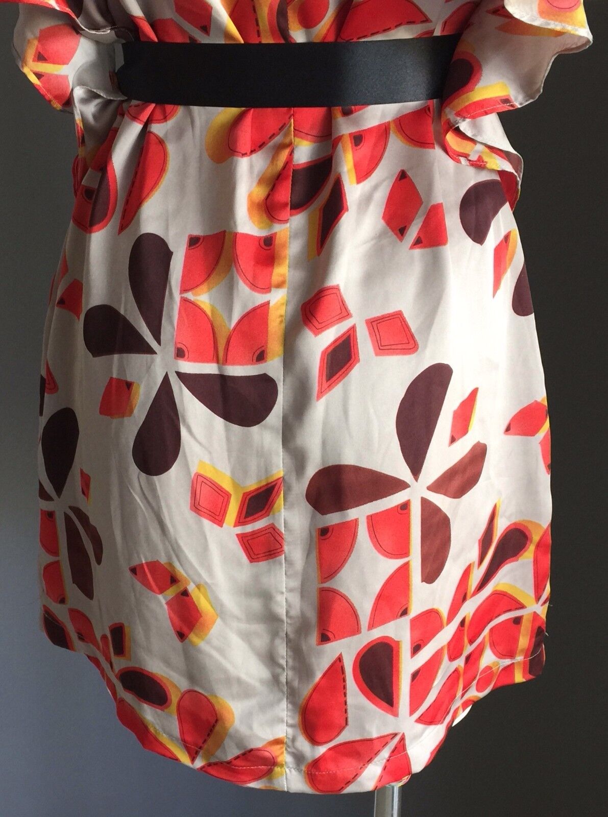 BLUEJUICE Dress Flutter Sleeve Lined Taupe Orange Brown Print Size 10 Retro