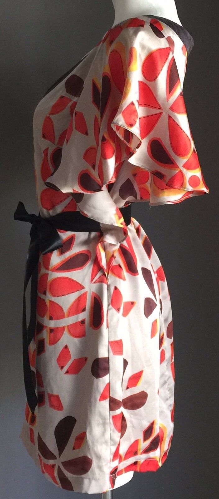 BLUEJUICE Dress Flutter Sleeve Lined Taupe Orange Brown Print Size 10 Retro