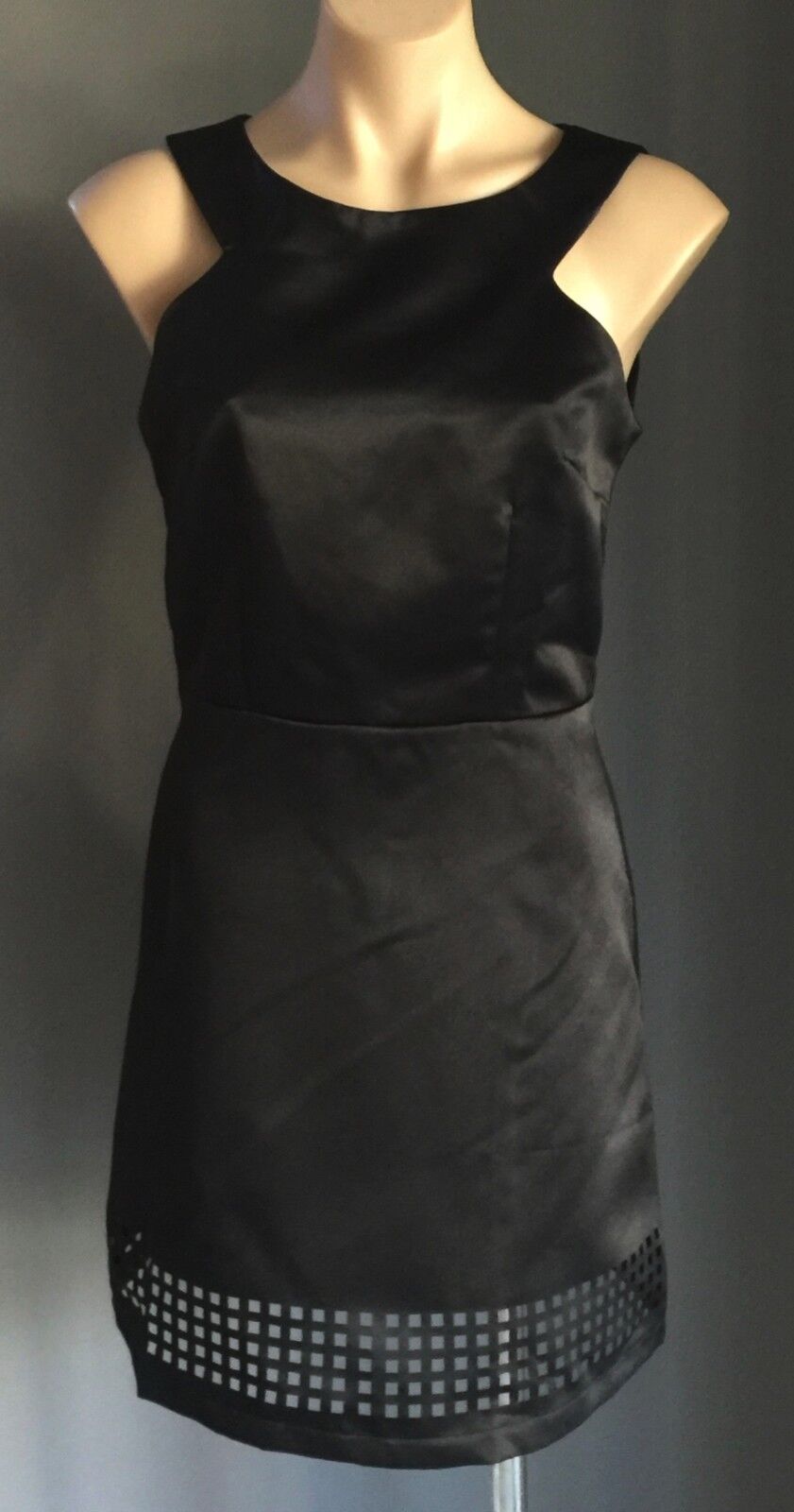 FASHION UNION Dress Black Satin Skater with Laser Cut Hem Ladies Size 10 NEW