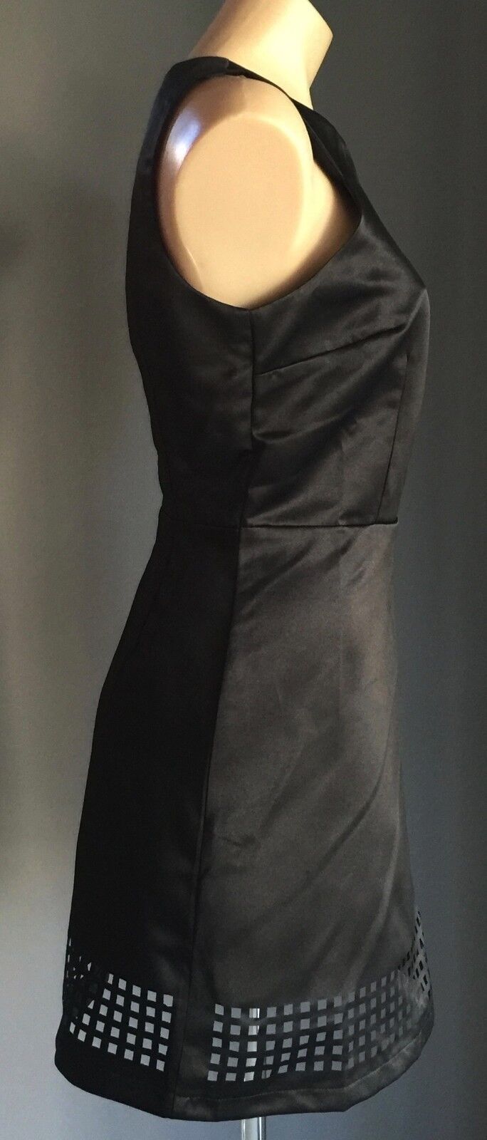 FASHION UNION Dress Black Satin Skater with Laser Cut Hem Ladies Size 10 NEW